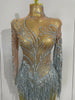 Women Sparkly Rhinestone Pearl Sequins Tassel Sexy Transparent Dress Evening Birthday Party Nightclub Dance Singer Stage Outfit
