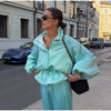 Shiny Stand Collar Short Jacket Women Puff Sleeve Drawstring Waist Cinching Pleated Jackets Autumn Causal Lady Outerwear