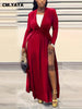 Plus Size Women Full Sleeve Evening Dresses Classic V-neck Maxi Vestidos Night Club Split Party Long Dress