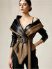 PU Faux Leather Jacket for Women's One Shoulder Splice Irregular Hem Long Sleeve Leather Coat Casual Vintage Elegant Jacket Belt