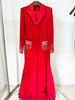 High Street Designer Women's Long Sleeve Notched Collar Rhinestone Diamonds Beading Maxi Long Dress