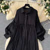 Spring Vintage Loose Dresses Women Lantern Sleeve Turn-down Collar Solid Single Breasted Casual Folds Long Dress