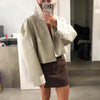 Autumn Women Croc Embossed PU Leather Jacket High Neck Zip Up Oversize Loose Cropped Coat Long Sleeve Street Lady Outerwear