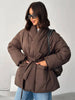 Elegant Women's Padded Jacket With Belt Winter Lace Up Waist Cinching V Neck Warm Coats Lady Casual Street Outerwear