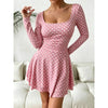 Autumn Polka Dot Print Square Neck Long Sleeve Women's Dress Waist Cinched A-Line Mini Skirt Length Sexy