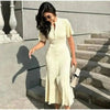 Elegant Knit Dress For Women White Slim O-neck Single Breasted Short Sleeve Long Dresses Female Spring Lady Robe T88X
