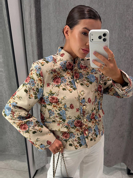 Women Cropped Floral Print Jacket Stand Collar Long Sleeve Button Front Pockets Vintage Loose Short Coat Autumn Chic Blazer