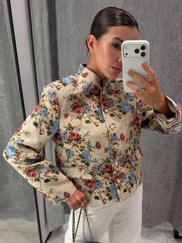 Women Cropped Floral Print Jacket Stand Collar Long Sleeve Button Front Pockets Vintage Loose Short Coat Autumn Chic Blazer