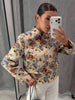 Women Cropped Floral Print Jacket Stand Collar Long Sleeve Button Front Pockets Vintage Loose Short Coat Autumn Chic Blazer