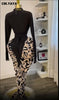 Women Print Patchwork Stacked Ruched Long Sleeve Bodycon Midi Maxi Long Dress Birthday Vacation Sexy Party Dresses