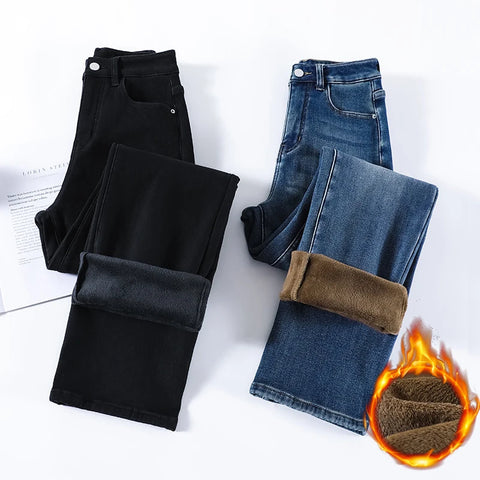 Women's Winter Fleece Jeans Thicken Warm Soft Loose Straight Korean Denim Pants Female Plush Velvet Wide Leg Pants