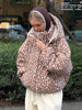 Women Deer Spotted Hooded Puffer Jacket Brown White Dots Drawstring Hood Cropped Elastic Cuff Coats Warm Winter Casual Outerwear