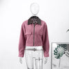Pink Corduroy Cropped Jacket For Women Casual Contrast Collar Long Sleeve Zipper Coat Lady Spring Chic Streetwear