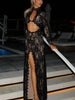 Hollow Out Lace Split Long Sleeve Women Dresses Evening Party Outfits O Neck Sheath Sexy Club Elegant Bodycon