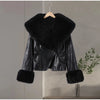Women's Fur Patchwork Leather Jackets Furry Collar Slim Buttons Full Sleeve Female Coat Autumn Lady Street Outerwear