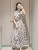Kuzuwata Fresh Mid-length Print High Waist Robe Gentle Literary Lace Up Pleated Slim Mujer Japan Elegant Dress