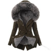 Women Parkas Hooded Long Sleeve Slim Fit Coats Button Solid Zipper Splice Parka Tight Wait Outerwear Thick Warm Fur Collar