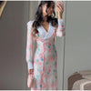 Printed Women Dress V Neck Long Sleeve Dress High Waist Chiffon Dress Single Breasted Tie Design Stylish Elegant Outfit