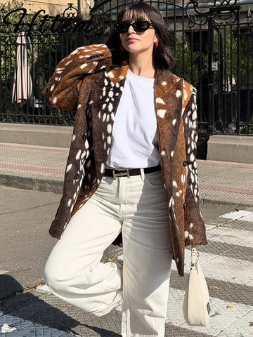 Urban Deer Print Woolen Coat Skirt Women Set Chic Lapel Button Full Sleeve Blazer Mid Skirts Autumn Winter Lady Suit