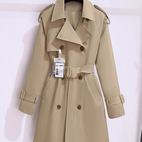 Women's Trench Coats Spring Autumn Mid-length Slim Outerwear Double-breasted Belt Long Sleeves Windbreaker