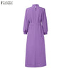 Women's Elegant Chic Maxi Dresses Turtleneck Lantern Sleeves Belted High Waist Pleated Long Dress Korean Style Robe Femme