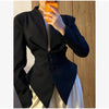Women Asymmetric Peplum Blazer Jacket V Neck Shoulder Pad Long Sleeve Slim Fit Waist Buttons Irregular Hem Party Office Suit