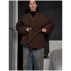 Casual Lace Up Solid Color Women's Coat V-neck Button Pocket Loose Cotton Jacket Autumn Winter Clothes Daily Wear
