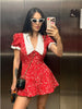 Red Floral Print Peter Pan Collar Dress Women Puff Sleeve V Neck Button Down A-line Mini Dress Lady Weekend Getaway Robe