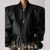 Double Zip Rib Collar Women Cropped Jacket Long Sleeve Side Pockets Loose Oversized Solid Autumn Coats Daily Chic Jackets