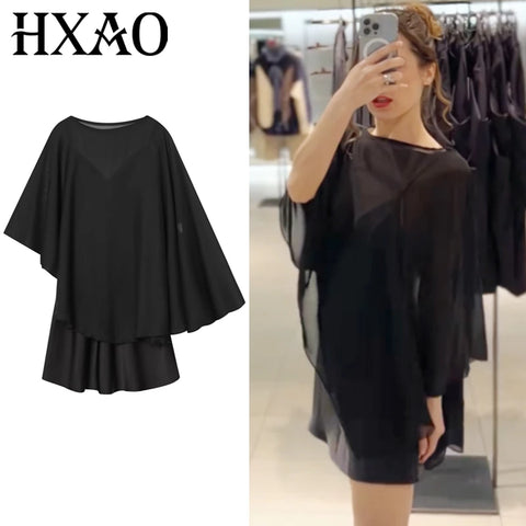 Asymmetric Satin Dress Womens Dresses Mini Layered Cape Dress Chic Black Cocktail O-Neck Short Dresses Elegant Party Dress
