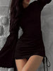 Sexy Mini Black Dress Flare Long Sleeve Design Chic Drawstring Pleated Mini Dress Female Elegant Streetwear Short Dresses