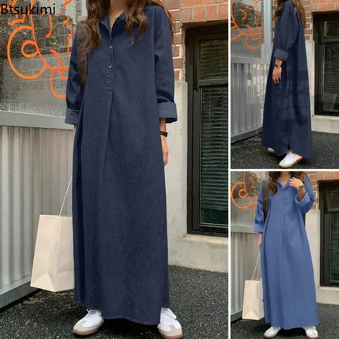 Women's Casual Denim Dress Oversized Korean Vintage Robe Jeans Dress Streetwear Elegant Long Sleeve Solid Maxi Dress Female