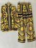 Retro Spring Casual Printed Women's Suit Lapel Long-Sleeved Shirt + Elastic Waist Wide-Leg Trousers Two-Piece Suit