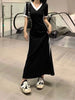 Women Autumn Midi Dresses Black Vintage Simple Y2K V-neck Korean Preppy Style Elastic Long Sleeved A-Line Sports Dress