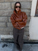 Beige Croc Leather Cropped Jacket Y2k Stand Collar Long Sleeve Wide Cuff Oversize Coat Autumn Street Daily Casual Outerwear