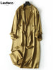 Spring Autumn Long Soft Elegant Flowy Satin Acetate Trench Coat for Women Chic British