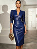 European American Women Deep V Puff Shoulder Faux Leather Midi Dress Long Sleeve Cinched Waist Bodycon Dress