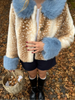 Deer Print Faux Fur Cropped Jacket Women Blue Contrast Lapel Cuff Button Up Fluffy Warm Coat Winter Casual Street Outwear