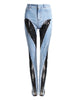 Women's Jeans Slim Deconstruct Panelled Patchwork High Waist Split Blue Long Denim Pants Spring 1DF2575