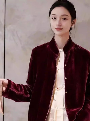 Retro Chinese Style Navy Blue Velvet Jacket, Women's French Chic Shirt Collar Blazer Elegant Business Tops J014