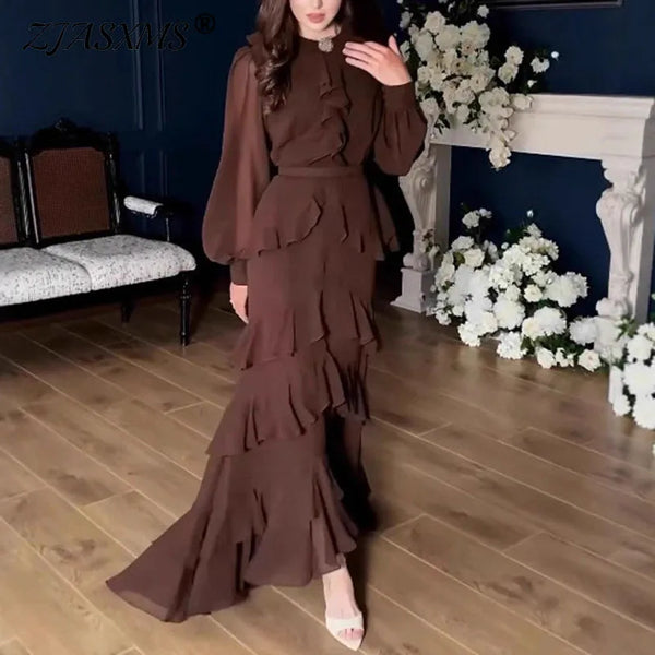 Long Sleeve Women's Autumn Dress Elegant O Neck Layered Ruffle Evening Dress Casual Solid Chiffon Irregular Maxi Dresses