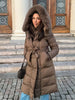 Elegant Fur Collar Hood Belt Long Cotton Jacket Women Zipper Drawstring Waist Parka Down Coat Winter Lady Warm Chic Outwear