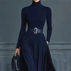 Half High Collar Knitted Long Dress For Women, Autumn Winter Long Sleeve Splicing Maxi Dress, Elegant Party Date Night Outfit