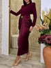 Sexy Evening Party Black Color Midi Dress for Women O Neck Long Sleeve Pachwork Metal Buckle Folds Bodycon Dresses Female