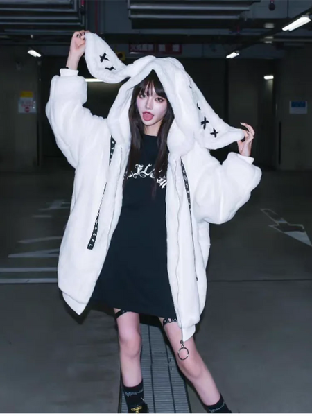 Winter Sweet Kawaii Soft Warm Purple Faux Fur Coat Women Bunny Ears Designer Clothes Fluffy Jacket Hoodie