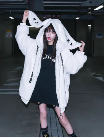 Winter Sweet Kawaii Soft Warm Purple Faux Fur Coat Women Bunny Ears Designer Clothes Fluffy Jacket Hoodie