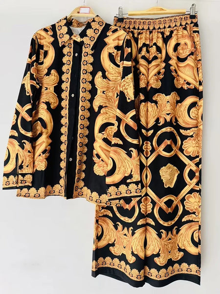 Retro Spring Casual Printed Women's Suit Lapel Long-Sleeved Shirt + Elastic Waist Wide-Leg Trousers Two-Piece Suit