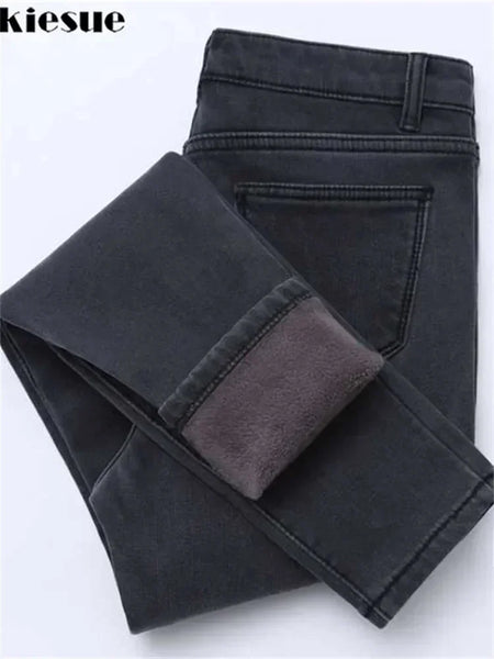 Winter Jeans Women Gold Fleeces Inside Thickening Denim Pants High Waist Warm Trousers Female jeans woman Pants