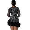 Women Dress Diamonds Splice Ruffles Mini Dresses Square Collar Full Sleeve Slim Fit Sold Evening Party Vestidos Elegant Ladies
