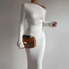 Elegant Slanted Collar Bodycon Maxi Dress Women Long Sleeve White Black Evening Party Robes Streetwear Female Dresses